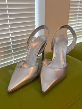 SCHUTZ Metallic Silver Pointed Slingback Pumps